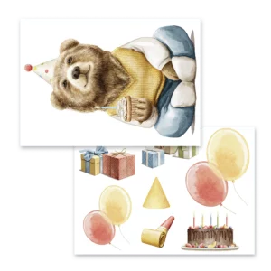 Ark-upplägg-pälsdjur-farbror-björn Två ark med en stor kalasbjörn, presenter och ballonger.