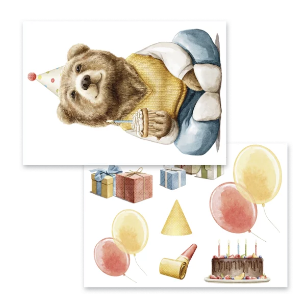 Två ark med en stor kalasbjörn, presenter och ballonger.