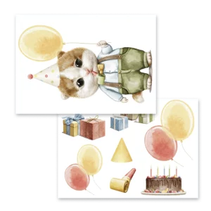 Ark-upplägg-pälsdjur-kalaspojke Två ark med en kalaspojke, paket och ballonger.