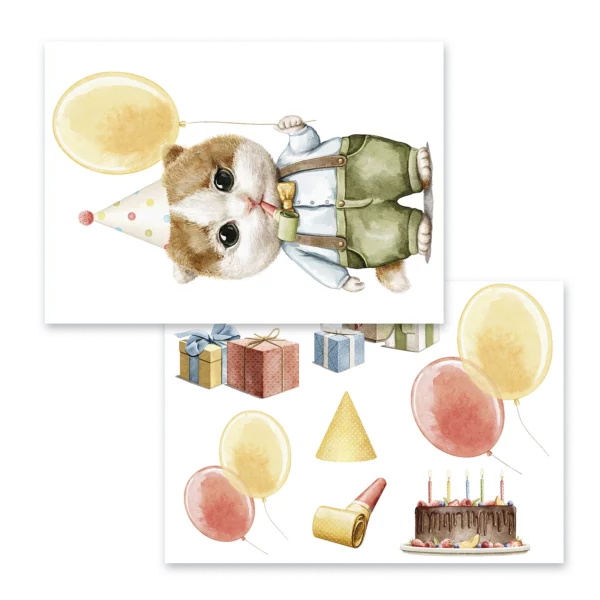 Två ark med en kalaspojke, paket och ballonger.