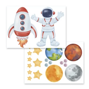 Ark-upplägg-rymden-astronaut-raket Två ark med en astronaut, en vit raket och stjärnor och planeter