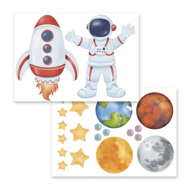 Två ark med en astronaut, en vit raket och stjärnor och planeter