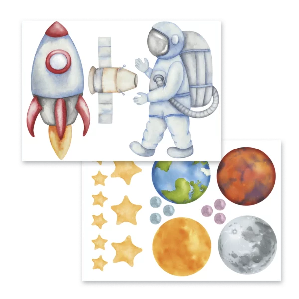 två ark med en astronaut, en raket och planeter och stjärnor