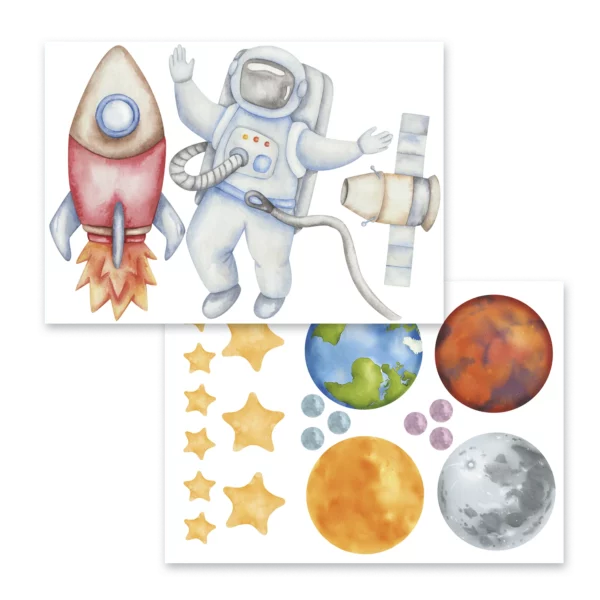 Två ark med en svävande astronaut, en raket och planeter