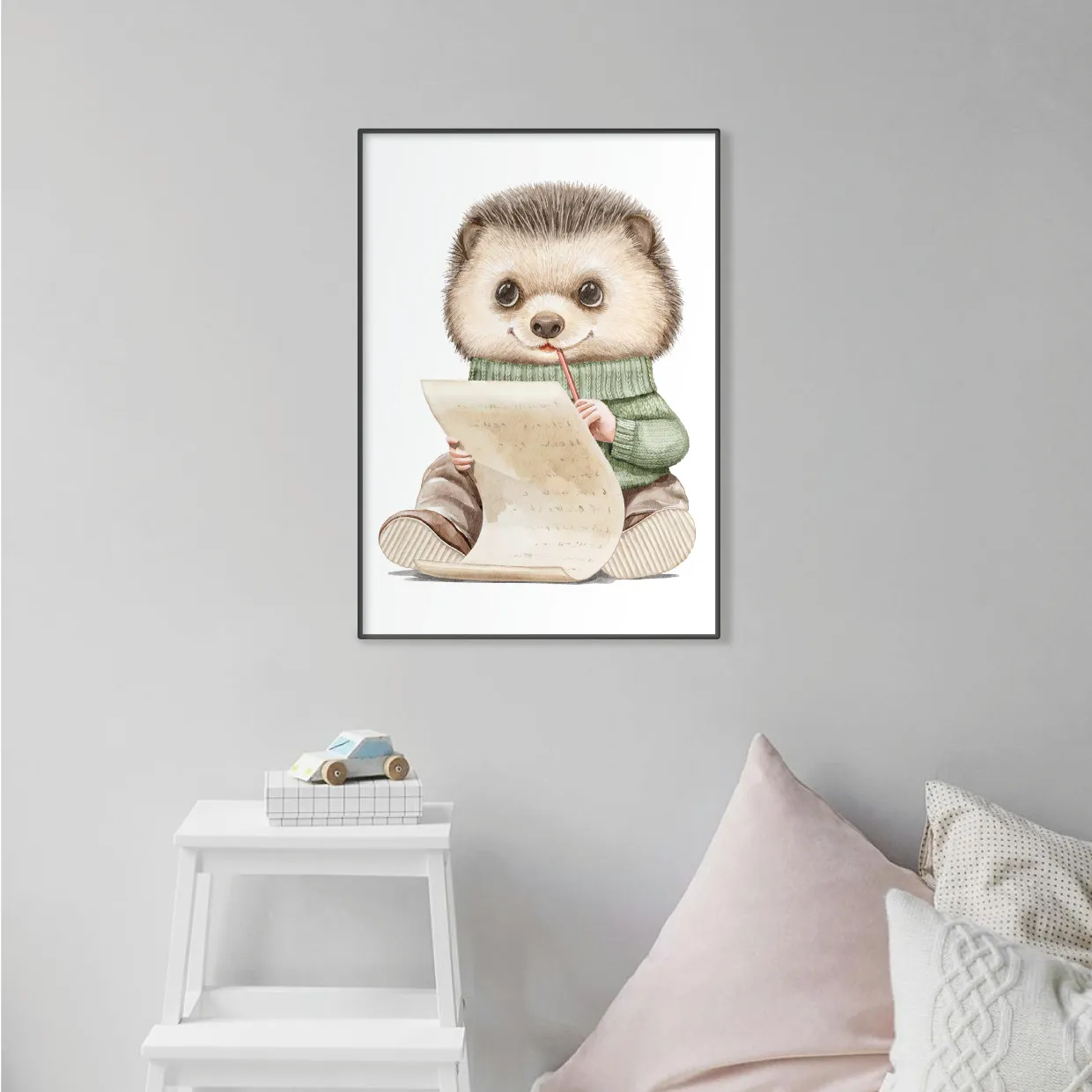 En barntavla med en igelkott som sitter på en vägg, perfekt poster för barnrum