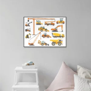 Barntavla på grå vägg med byggfordon, lyftkran, dumper, traktor mm