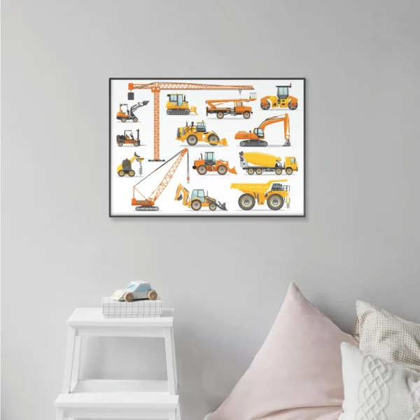 Barntavla på grå vägg med byggfordon, lyftkran, dumper, traktor mm