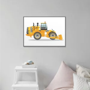 Barntavla på grå vägg som visar en bulldozer