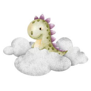 dinosaurier-heaven-bliss En grön dinosaurie med lila rygg som står bland molnen