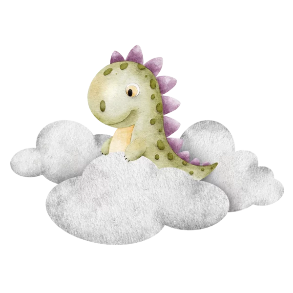 En grön dinosaurie med lila rygg som står bland molnen