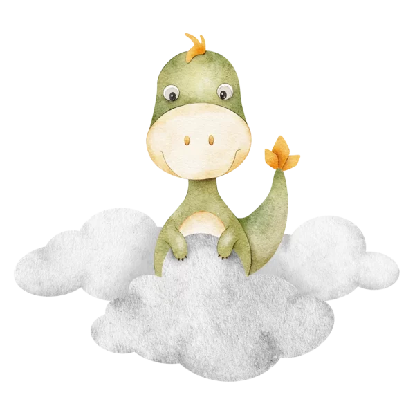 En grön dinosaurie som står bland moln.