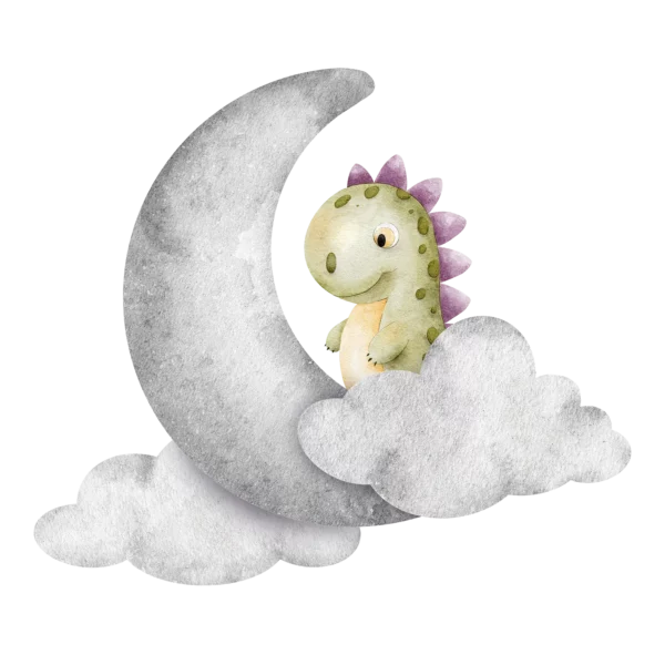 En grön dinosaurie som står på månen och har moln omkring sig.