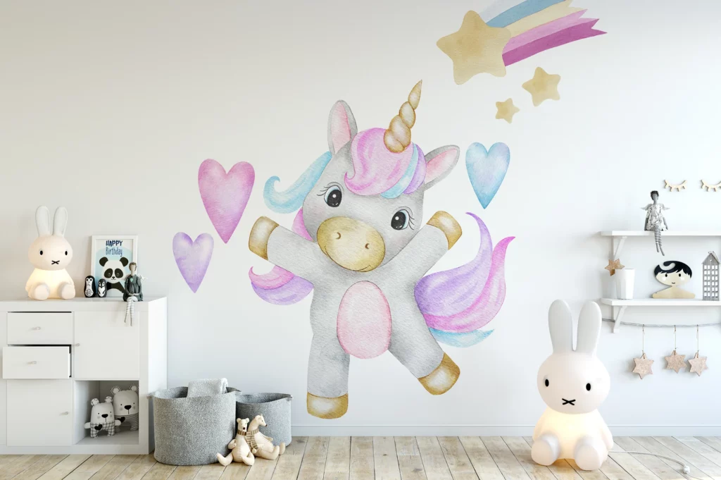 Väggdekor barn med en miljöbild som visar en jättestor enhörning som hoppar