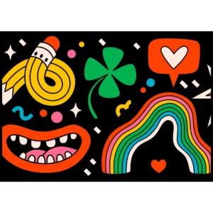 Barntavla med lekfulla illustrationer som mun, penna och regnbåge