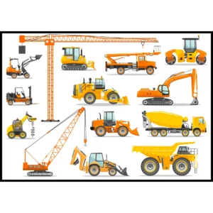Barntavla med byggfordon, lyftkran, dumper, traktor mm