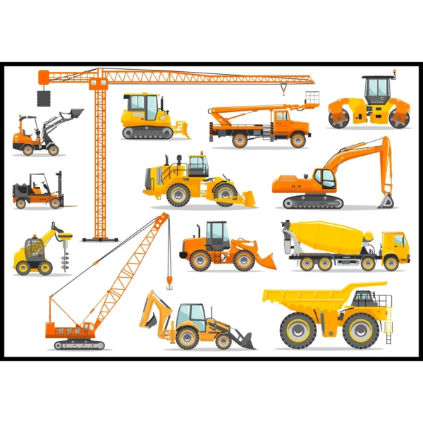 Barntavla med byggfordon, lyftkran, dumper, traktor mm