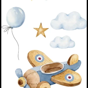 Barntavla med flygplan, moln, ballong och vimpel
