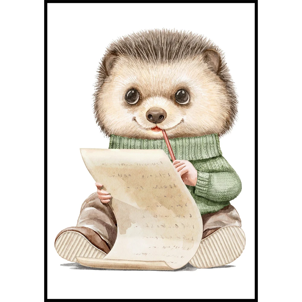 Barntavla med en igelkott som skriver sin önskelista, perfekt poster för barnrum