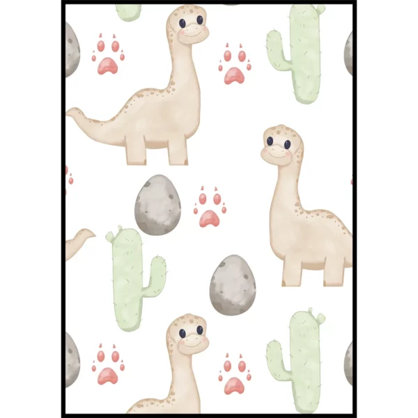 Barntavla med dinosaurier, kaktusar, stenar och fotavtryck
