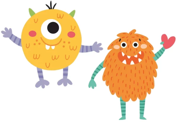 Ett gult och ett orange fluffigt snällt monster