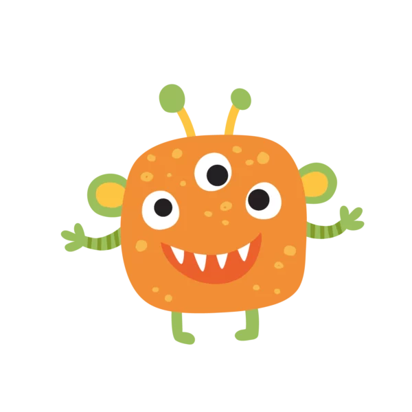 Ett orange snällt monster med tre ögon