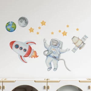 Väggdekor som föreställer en astronaut och en raket med stjärnor