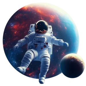 rymden-rund-astronaut in front of planet
