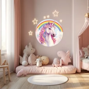 Väggdekor för barn i ett barnrum med enhörning och regnbåge