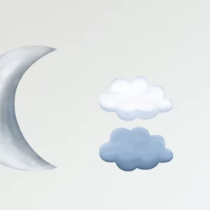 Väggklistermärke med en grå halvmåne, stjärnor och moln.