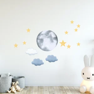 Väggklistermärke med en grå helmåne, stjärnor och moln.