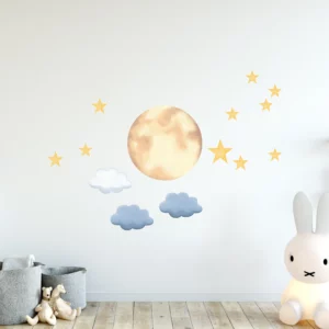 Väggklistermärke med en gul helmåne, stjärnor och moln.