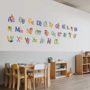 Väggdekor lefullt alfabet på väggen i ett klassrum