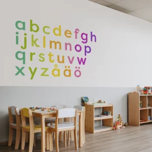Väggdekor färgglatt alfabet på väggen i ett klassrum