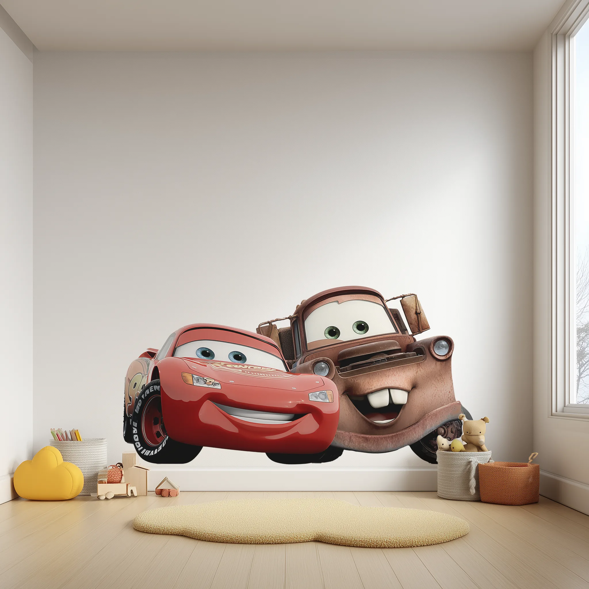 Väggdekor med bilar för barnrum i en miljöbild