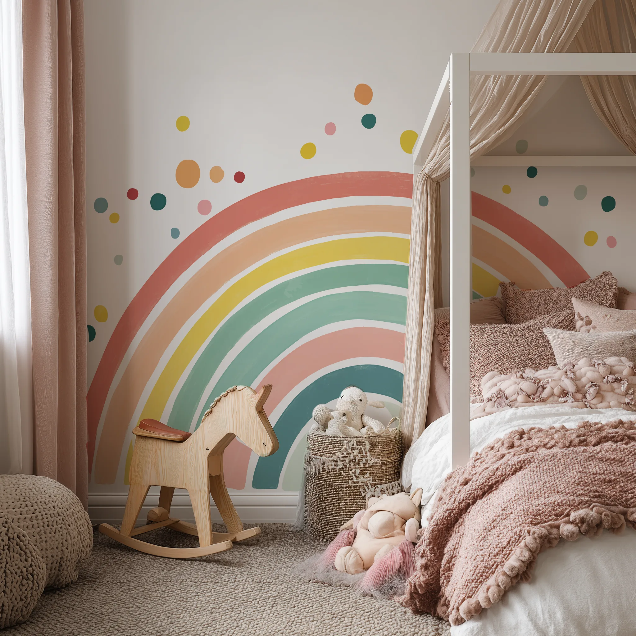 Väggdekor regnbåge på väggen i ett barnrum med massa färgglada prickar över