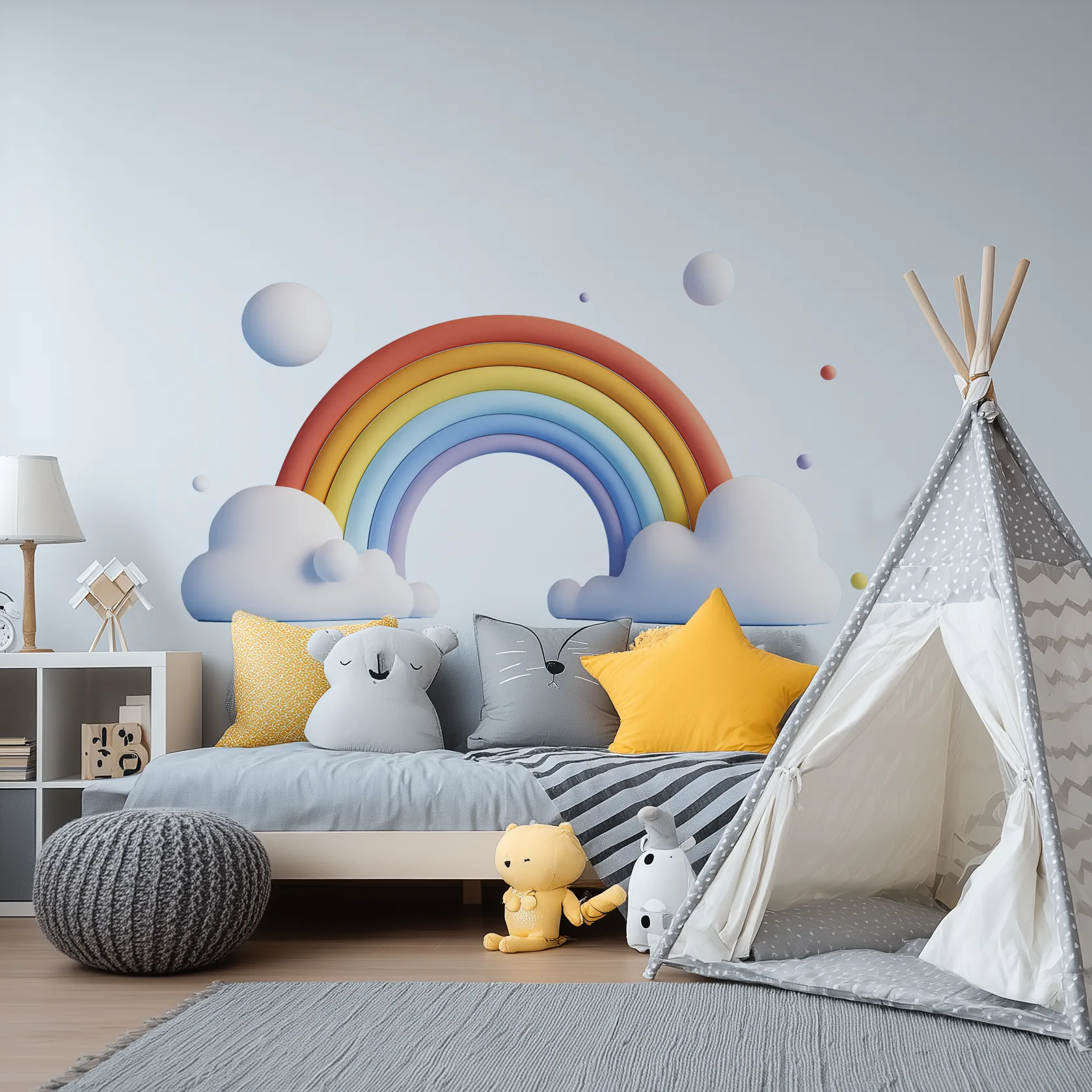 Väggdekor regnbåge på väggen i ett barnrum med 3d liknande moln och prickar