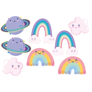 Väggdekor regnbågar med glad moln och planeter