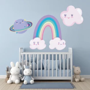 rainbow-6-miljö Väggdekor regnbåge på väggen i ett barnrum med glad moln och planeter