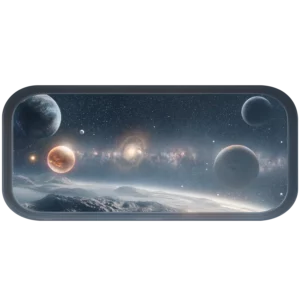 Väggdekor för barn utformad som ett runt rymdskeppsfönster med utsikt över en stjärnklar galax, nebulosor och flera planeter.