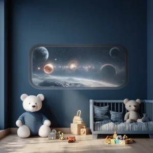Inspirerande barnrum med mörkblå väggar där en stor väggdekor formad som ett rymdskeppsfönster ger en magisk utsikt över galaxer och planeter ovanför en barnsäng.