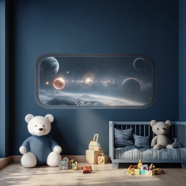 Inspirerande barnrum med mörkblå väggar där en stor väggdekor formad som ett rymdskeppsfönster ger en magisk utsikt över galaxer och planeter ovanför en barnsäng.