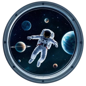 Rund väggdekor för barn utformad som ett rymdskeppsfönster med en astronaut som svävar i rymden omgiven av planeten jorden, Saturnus och stjärnor.