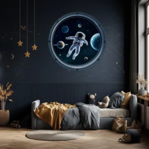 Ett mysigt inrett barnrum med mörkblå väggar och en stor rund väggdekor ovanför sängen som föreställer en astronaut i rymden, vilket skapar en magisk rymdkänsla.