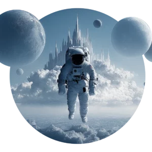 Rund väggdekor för barnrum med motiv av en astronaut som svävar i rymden framför en stad i molnen och flera planeter.