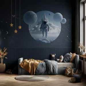 Rund väggdekor för barnrum med motiv av en astronaut som svävar i rymden framför en stad i molnen och flera planeter sitter på väggen i ett mörkt barnrum.