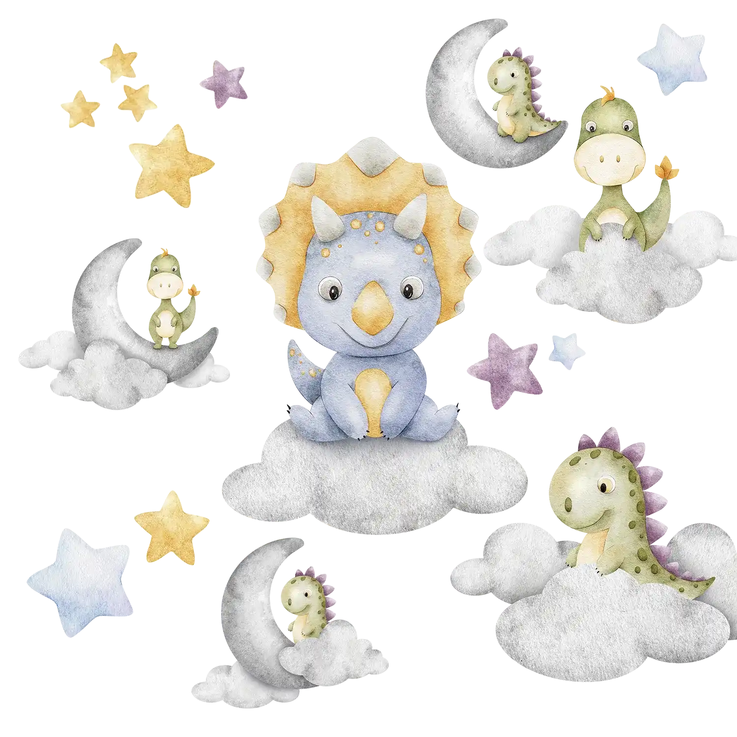 Väggdekor barn med flera dinosaurier på moln, fina i barnrum